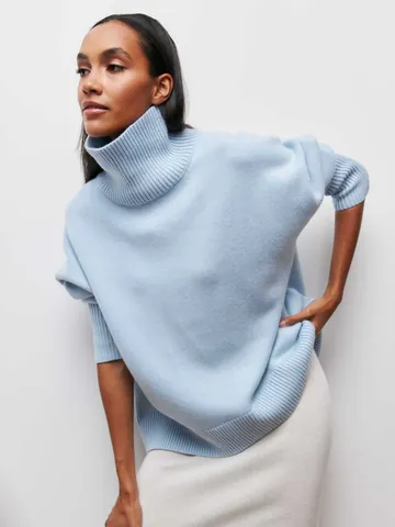 Γυναικείο Oversized Πλεκτό Πουλόβερ Mock Neck Drop Shoulder Φαρδιά Γραμμή Μονόχρωμο Μακρυμάνικο Πουλόβερ Ζεστό Χειμερινό Πλεκτό Top