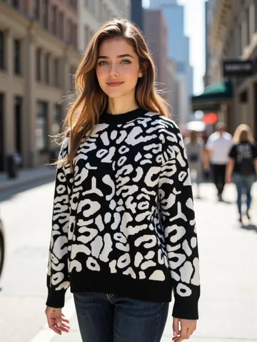 Women Leopard Print Mock Neck Sweater Loose Knit Pullover Drop Shoulder Long Sleeve Jacquard Warm Autumn Winter Casual Top