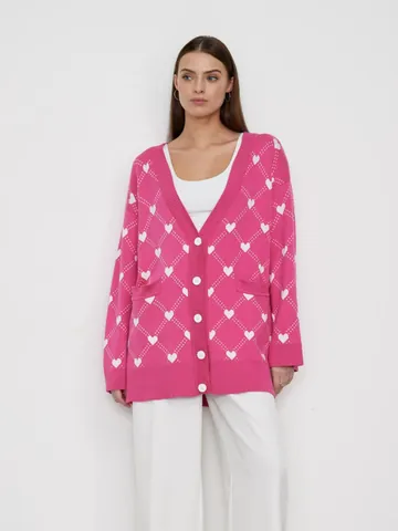 Women European Style Heart Pattern Jacquard Knit Cardigan V-Neck Button Down Loose Long Sleeve Sweater Outwear Top