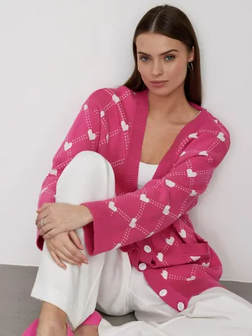 Women European Style Heart Pattern Jacquard Knit Cardigan V-Neck Button Down Loose Long Sleeve Sweater Outwear Top