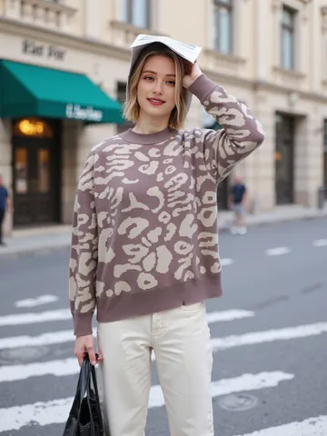 Women Leopard Print Mock Neck Sweater Loose Knit Pullover Drop Shoulder Long Sleeve Jacquard Warm Autumn Winter Casual Top