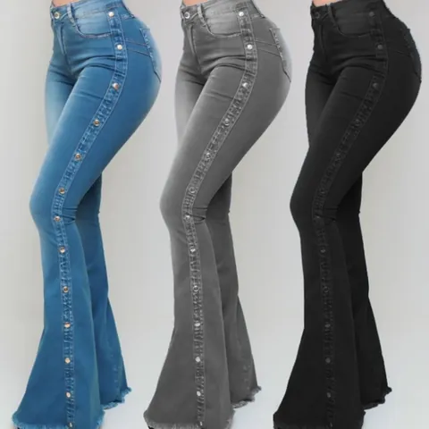 Women High Waist Stretch Flare Jeans With Metal Studs Distressed Hem Fashion Streetwear Bell Bottom Denim Pants Long Trousers