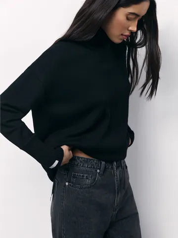 Women Casual Loose Turtleneck Sweater Core-Spun Yarn Knitted Pullover Long Sleeve Drop Shoulder Top For Autumn Winter