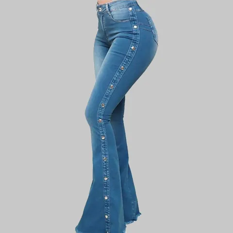 Women High Waist Stretch Flare Jeans With Metal Studs Distressed Hem Fashion Streetwear Bell Bottom Denim Pants Long Trousers