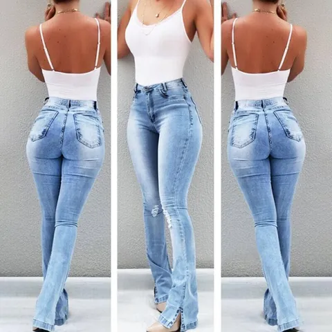 Vaqueros Acampanados de Cintura Alta para Mujer Estilo Europeo Americano Elásticos Slim con Abertura en el Dobladillo