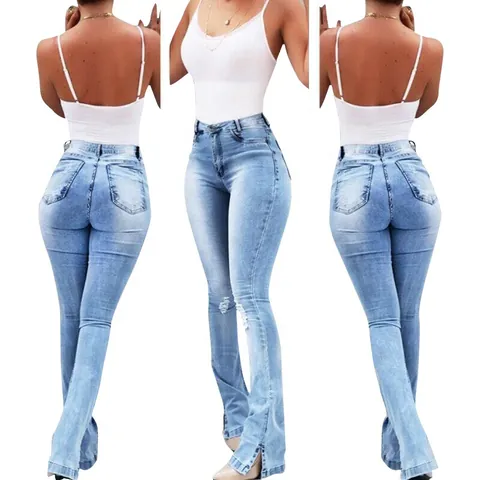 Vaqueros Acampanados de Cintura Alta para Mujer Estilo Europeo Americano Elásticos Slim con Abertura en el Dobladillo