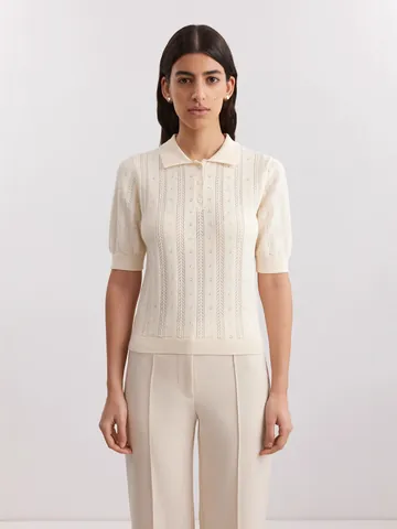 Women Polo Collar Short Sleeve Knit Top Pointelle Viscose Blend Ribbed Trim Sweater Casual Elegant Summer Knitwear