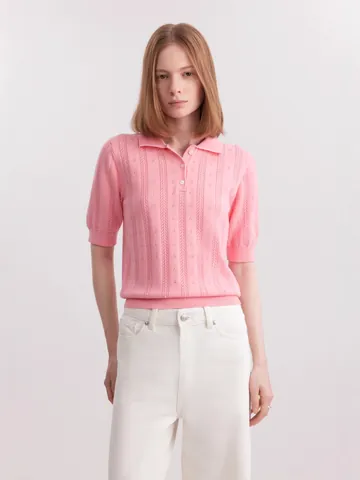 Women Polo Collar Short Sleeve Knit Top Pointelle Viscose Blend Ribbed Trim Sweater Casual Elegant Summer Knitwear