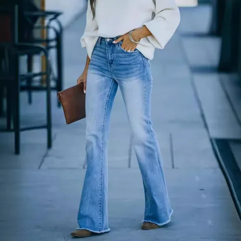 Women High Waisted Flare Jeans Stretch Washed Denim Bell Bottom Pants With Raw Hem Light Blue Streetwear Casual Bottoms