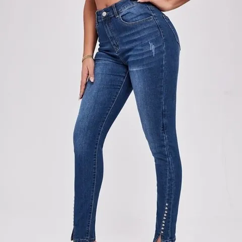 Γυναικείο Ψηλόμεσο Skinny Τζιν Παντελόνι Με Χάντρες και Σχισίματα Σκούρο Μπλε Streetwear Στενή Γραμμή Ελαστικό