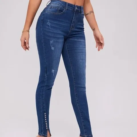 Γυναικείο Ψηλόμεσο Skinny Τζιν Παντελόνι Με Χάντρες και Σχισίματα Σκούρο Μπλε Streetwear Στενή Γραμμή Ελαστικό