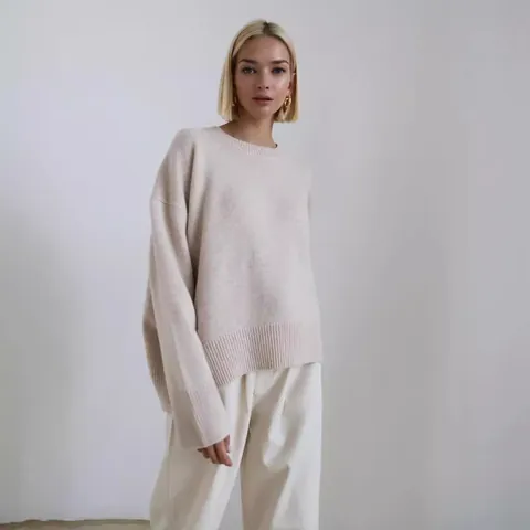 Maglione in Maglia Donna Girocollo Oversize in Filato Core-Spun Manica Lunga Tinta Unita Basic Caldo Pullover Casual Minimalista