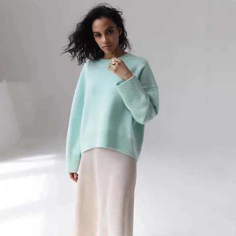 Maglione in Maglia Donna Girocollo Oversize in Filato Core-Spun Manica Lunga Tinta Unita Basic Caldo Pullover Casual Minimalista