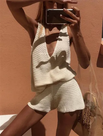 Women V-Neck Sleeveless Knit Top And Shorts Co-ord Rabbit Hair Blend Knitted Loose Solid Color Sweater Top And Bottom