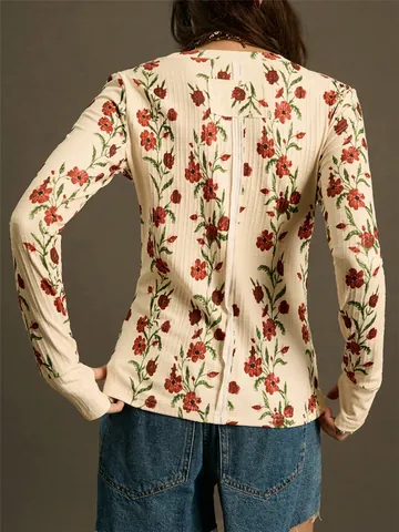 Women's Vintage Floral Print Slim Fit Ribbed Knit Long Sleeve T-Shirt Retro Bohemian Round Neck Spring Autumn Polyester Top