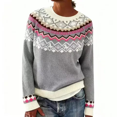 Pull en Tricot Décontracté à Manches Longues et Col Rond Jacquard Géométrique Vintage pour Femme pour Automne Hiver