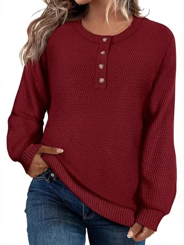 Women Waffle Knit Sweater Henley Neck Button Long Sleeve Pullover Solid Color Acrylic Knitwear Loose Casual Top For Autumn Winter