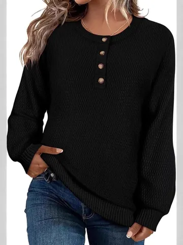 Women Waffle Knit Sweater Henley Neck Button Long Sleeve Pullover Solid Color Acrylic Knitwear Loose Casual Top For Autumn Winter