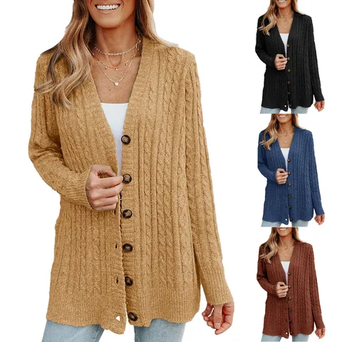 Women's Casual Cable Knit Cardigan Middle-Long Length Single Breasted V-Neck Long Sleeve Acrylic Sweater Jacket Outerwear Top