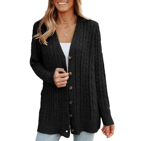 Women's Casual Cable Knit Cardigan Middle-Long Length Single Breasted V-Neck Long Sleeve Acrylic Sweater Jacket Outerwear Top