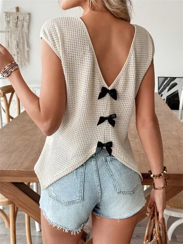 Women V Neck Short Sleeve T-Shirt With Back Bow Knot Design Casual Loose Waffle Knit Top Fashion Summer Daily Streetwear