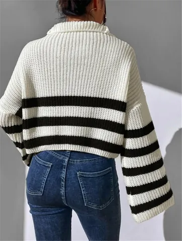 Women Striped Colorblock Knit Sweater Mock Neck Half Zip Long Bell Sleeve Polyester Pullover Loose Casual Cropped Sweater Top