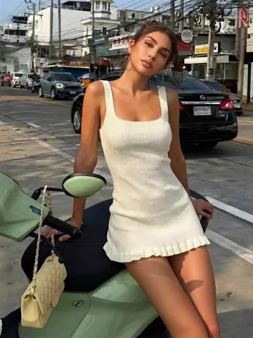 Vestido de Punto Ajustado sin Mangas con Escote Cuadrado para Mujer con Dobladillo de Volantes Verano Casual Vestido Midi de Tirantes