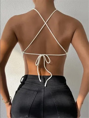 Canotta in Maglia da Donna Scollo all'Americana Sexy Schiena Scoperta Crop Top Allacciato Canotta a Costine Maglione Top per Donna