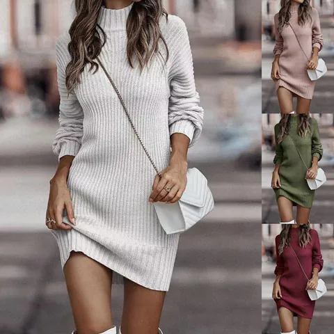 Damen Hochkragen Langarm Rippstrick Pulloverkleid Slim Fit Einfarbig Midi Strickkleid Herbst Winter Streetwear