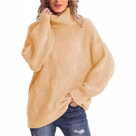 Women Oversized Turtleneck Cable Knit Sweater Solid Color Loose Long Sleeve Pullover Soft Warm Jumper Top For Autumn Winter