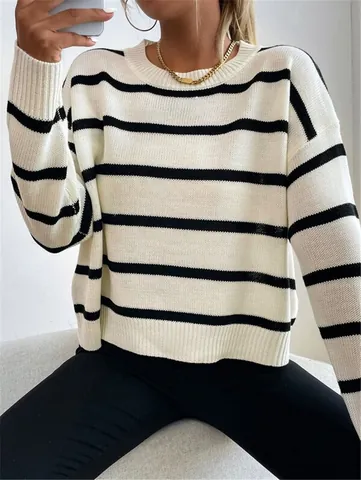 Women's Casual Striped Knit Sweater Oversized Crew Neck Long Sleeve Polyester Viscose Hand Hooked Fashion Pullover Top
