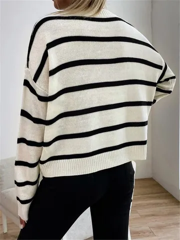Women's Casual Striped Knit Sweater Oversized Crew Neck Long Sleeve Polyester Viscose Hand Hooked Fashion Pullover Top