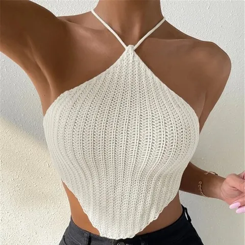 Canotta in Maglia da Donna Scollo all'Americana Sexy Schiena Scoperta Crop Top Allacciato Canotta a Costine Maglione Top per Donna
