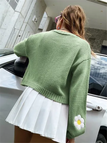 Women Sweet Flower Pattern Knitted Cardigan Embroidered V-Neck Loose Short Sweater Lantern Sleeve Autumn Casual Top