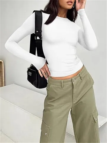 Γυναικείο Cropped T-Shirt Στενή Εφαρμογή Μακρύ Μανίκι Μονόχρωμο Στρογγυλή Λαιμόκοψη Basic Τοπ Streetwear Casual