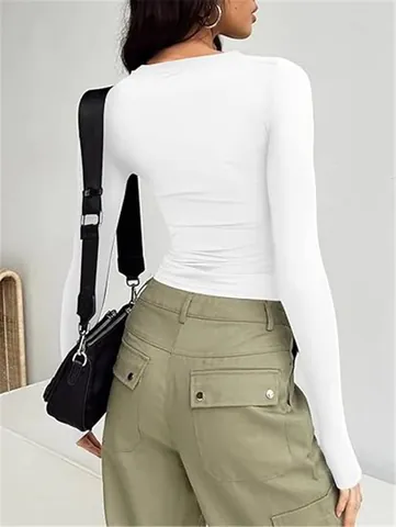 Γυναικείο Cropped T-Shirt Στενή Εφαρμογή Μακρύ Μανίκι Μονόχρωμο Στρογγυλή Λαιμόκοψη Basic Τοπ Streetwear Casual