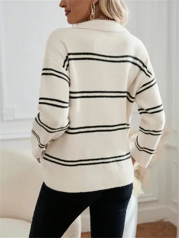 Women's Loose Polo Collar V-Neck Stripe Contrast Color Long Sleeve Pullover Knit Sweater Casual Streetwear Fall Winter Top