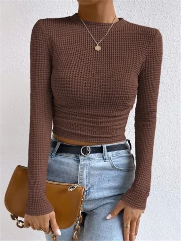 Women's Sexy Slim Fit Long Sleeve Round Neck Waffle Knit T-Shirt Ruched Solid Color Crop Top Polyester Base Layer Tee