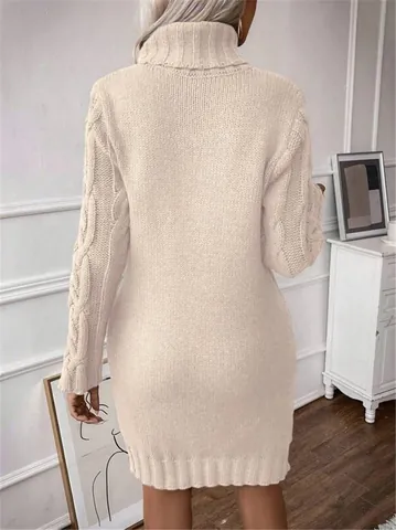 Women's High Neck Cable Knit Sweater Dress Autumn Winter Slim Fit Long Sleeve Knitted Midi Dress Solid Color Elegant Fashion