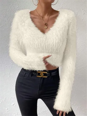 Women's Sexy V Neck Fuzzy Crop Sweater Slim Fit Long Sleeve Soft Warm Fleece Pullover Solid Color Hairy Knit Crop Top Jumper