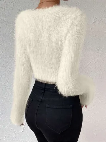Women's Sexy V Neck Fuzzy Crop Sweater Slim Fit Long Sleeve Soft Warm Fleece Pullover Solid Color Hairy Knit Crop Top Jumper
