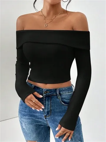 T-Shirt da Donna con Spalle Scoperte e Maniche Lunghe a Costine Top Corto in Maglia Aderente Nero Tinta Unita Streetwear