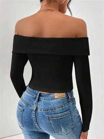 T-Shirt da Donna con Spalle Scoperte e Maniche Lunghe a Costine Top Corto in Maglia Aderente Nero Tinta Unita Streetwear