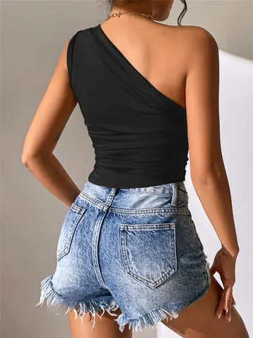 Women Sexy One Shoulder Irregular Ruched Vest Top Slim Fit Viscose Solid Color Sleeveless T-Shirt Streetwear Summer Fashion Clothing