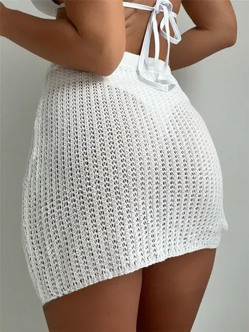 Women Sexy Crochet Knit Hollow Out Beach Skirt Sexy Drawstring Ruched Bodycon Mini Skirt For Vacation Swimwear Cover Up