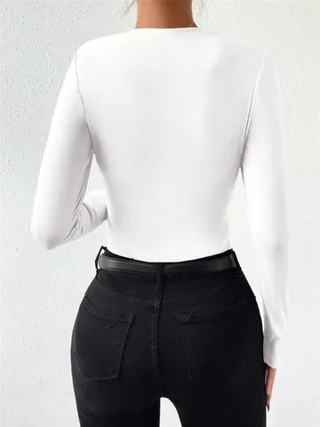 Women Long Sleeve Ruched Bodysuit Slim Fit Pleated Solid Color Stand Collar Polyester Spandex Stretchy Top For Daily Wear
