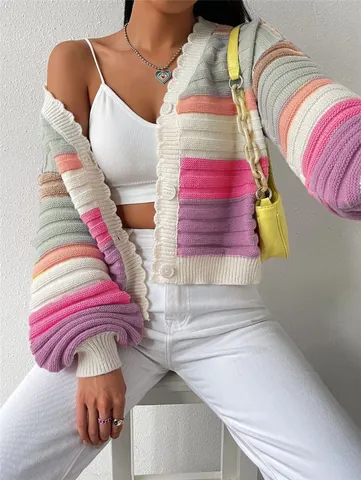 Women Casual Polyester Rainbow Striped Knitted Cardigan Lantern Sleeve Single Breasted V-Neck Oversized Sweater Coat
