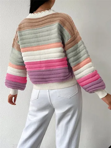 Women Casual Polyester Rainbow Striped Knitted Cardigan Lantern Sleeve Single Breasted V-Neck Oversized Sweater Coat