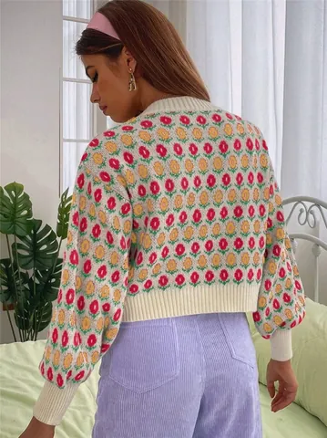 Women Vintage Floral Jacquard Knit Top Cardigan Long Sleeve Round Neck Button Down Casual Sweater Jacket Outwear