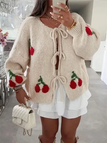 Women Loose Knit Cardigan Strawberry Cherry Jacquard Tie Up Sweater Top Long Sleeve Casual Autumn Winter Knitted Jacket